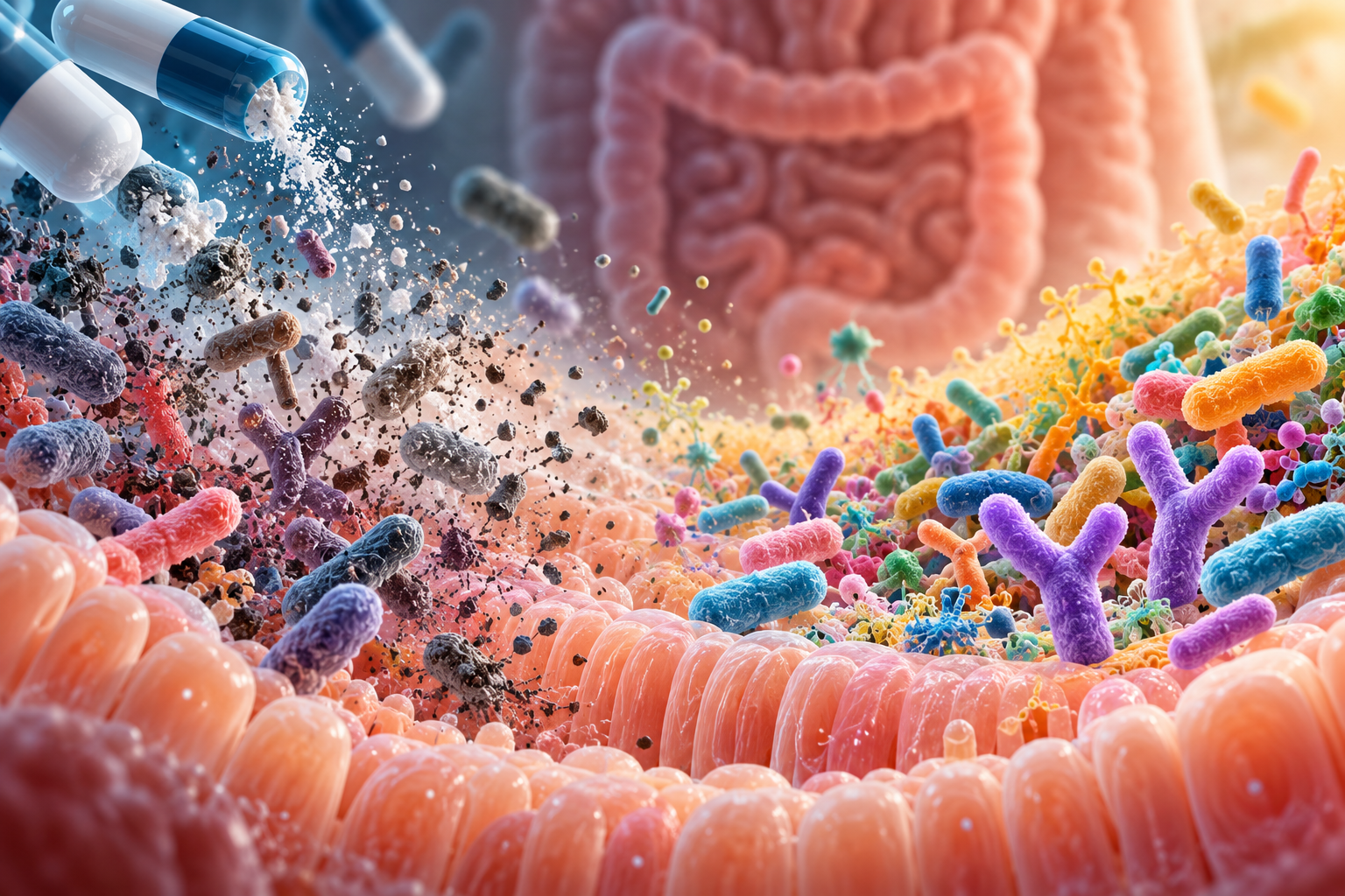 Konceptuali antibiotikų poveikio žarnyno mikroorganizmams iliustracija